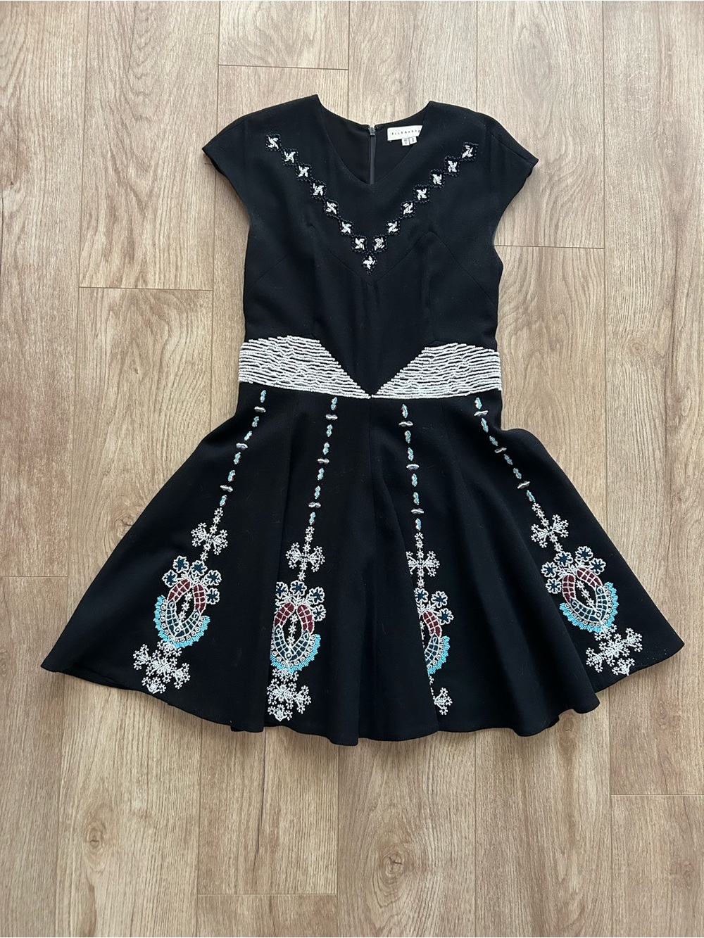 Ellesasson Black Embroidered and Beaded Fit-and-Flare Dress Size 8
